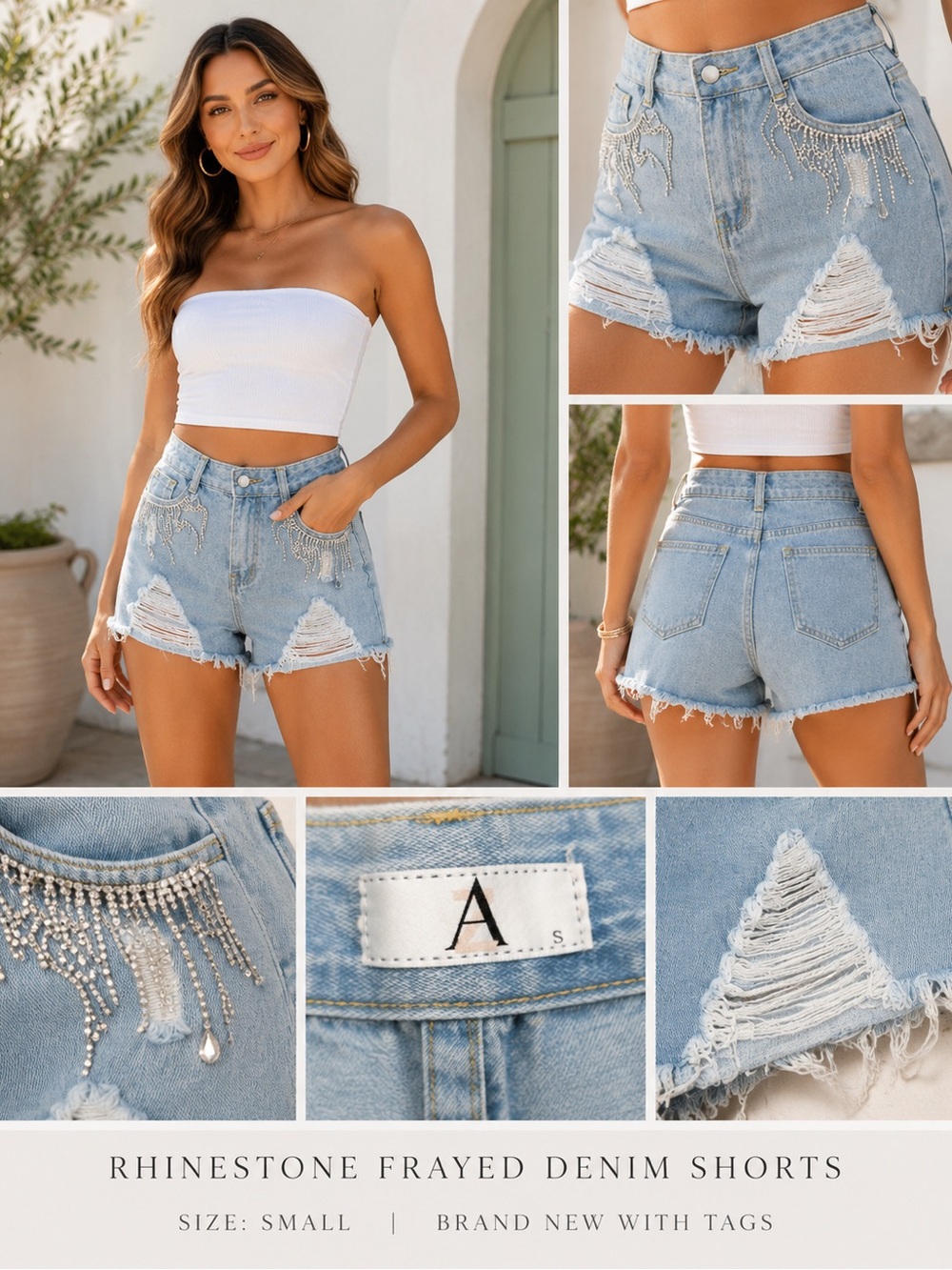 Embellished Light Blue Frayed Denim Shorts with Rhinestones